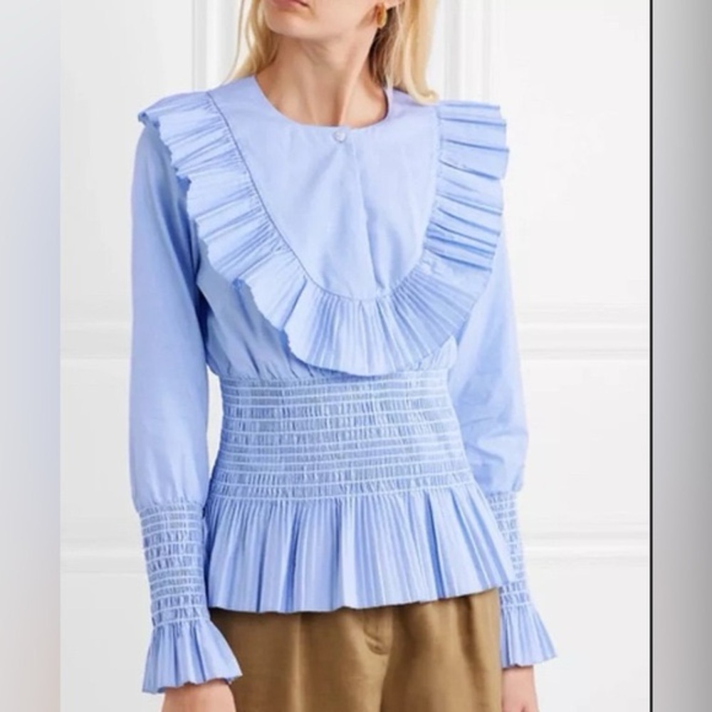 Tory Burch Light Blue Pleated Ruffle Smocked Blouse size 0